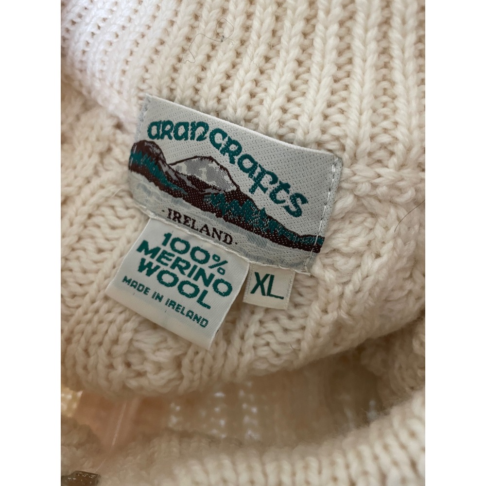 Aran Crafts XL Ivory Merino Wool Cable Knit Full Zip Fisherman Cardigan Sweater - Picture 6 of 6